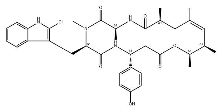 Cyclo[(3R)-3-(4-hydroxyphenyl)-β-alanyl-(2S,4E,6R,7R)-7-hydroxy-2,4,6-trimethyl-4-octenoyl-L-alanyl-2-chloro-N-methyl-D-tryptophyl] Struktur