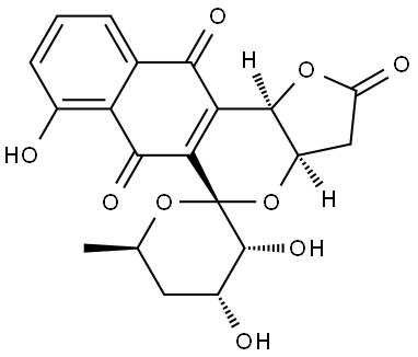 (2′R,3′R,3aR,4′R,6′R,11bR)-3′,3a,4′,5′,6′,11b-Hexahydro-3′,4′,7-trihydroxy-6′-methylspiro[5H-furo[3,2-b]naphtho[2,3-d]pyran-5,2′-[2H]pyran]-2,6,11(3H)-trione Struktur