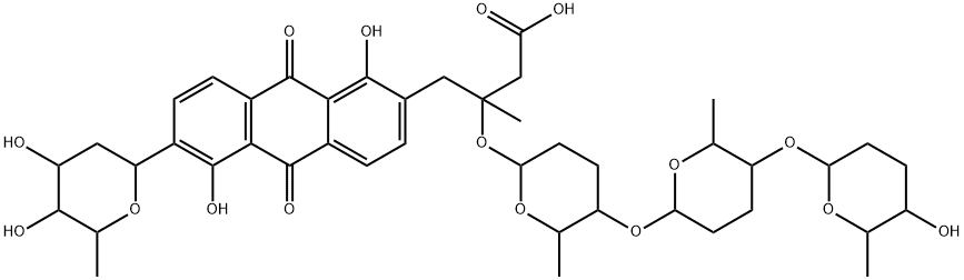 2-Anthracenebutanoic acid, 6-(2,6-dideoxy-β-D-lyxo-hexopyranosyl)-9,10-dihydro-1,5-dihydroxy-β-methyl-9,10-dioxo-β-[[(2R,5S,6S)-tetrahydro-6-methyl-5-[[(2S,5R,6S)-tetrahydro-6-methyl-5-[[(2R,5R,6S)-tetrahydro-5-hydroxy-6-methyl-2H-pyran-2-yl]oxy]-2H-pyran-2-yl]oxy]-2H-pyran-2-yl]oxy]-, (βR)- (9CI) Struktur