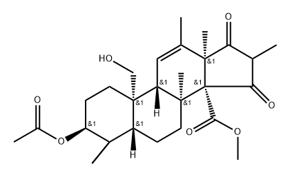 Androst-11-ene-14-carboxylic acid, 3-(acetyloxy)-19-hydroxy-4,4,8,12,16-pentamethyl-15,17-dioxo-, methyl ester, (3β,5β,8α,9β,10α,13α)- Struktur