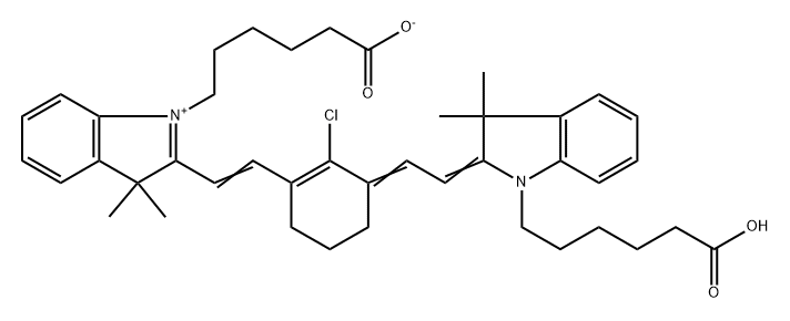 3H-吲哚,1-(5-羧基戊基)-2-[2-[3-[2-[1-(5-羧基戊基)-1,3-二氫-3,3-二甲基-2H-吲哚-2-亞基]亞乙基]-2-氯-1-環(huán)己烯-1-基]乙烯基]-3,3-二甲基,內(nèi)鹽 結(jié)構(gòu)式