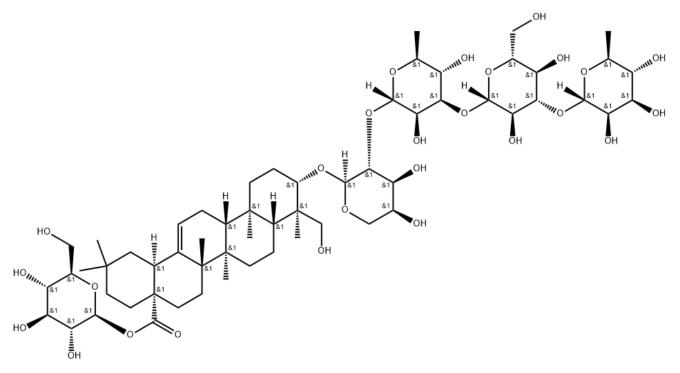 Olean-12-en-28-oic acid, 3-[(O-6-deoxy-α-L-mannopyranosyl-(1→3)-O-β-D-glucopyranosyl-(1→3)-O-6-deoxy-α-L-mannopyranosyl-(1→2)-α-L-arabinopyranosyl)oxy]-23-hydroxy-, β-D-glucopyranosyl ester, (3β,4α)- (9CI) Struktur