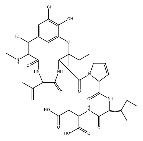 L-Aspartic acid, (βS)-3-chloro-β,5-dihydroxy-N-methyl-L-tyrosyl-3,4-didehydro-L-valyl-3-hydroxy-L-isoleucyl-3,4-didehydro-L-prolyl-(2E)-2,3-didehydroisoleucyl-, cyclic (15→3)-ether Struktur