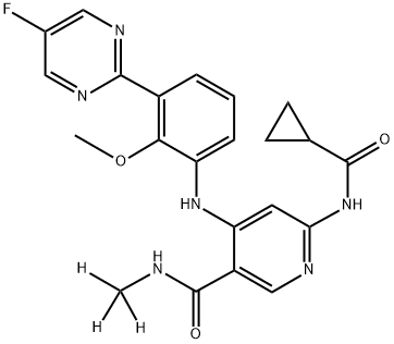 6-(cyclopropanecarboxamido)-4-((3-(5-fluoropyrimidin-2-yl)-2-methoxyphenyl)amino)-N-(methyl-d3)nicotinamide Struktur