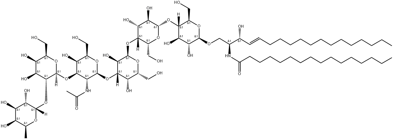 Hexadecanamide, N-[(1S,2R,3E)-1-[[[O-6-deoxy-α-L-galactopyranosyl-(1→2)-O-β-D-galactopyranosyl-(1→3)-O-2-(acetylamino)-2-deoxy-β-D-galactopyranosyl-(1→3)-O-α-D-galactopyranosyl-(1→4)-O-β-D-galactopyranosyl-(1→4)-β-D-glucopyranosyl]oxy]methyl]-2-hydroxy-3-heptadecen-1-yl]- Struktur