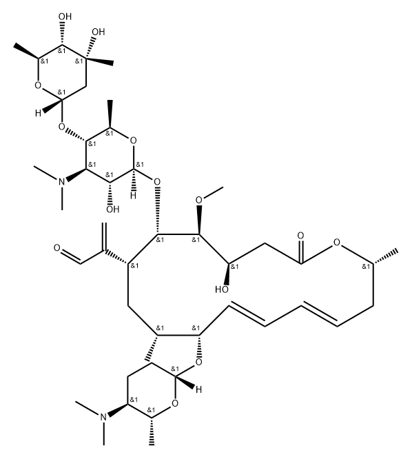 9(2R,5S,6R)]- 9-O-[5-(Dimethylamino)tetrahydro-6-methyl-2H-pyran-2-yl]-3-O-methyl-17-methylene-leucomycin V Struktur