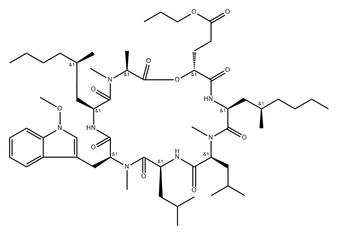 Cyclo[N-methyl-L-alanyl-(2R)-2-hydroxy-5-oxo-5-propoxypentanoyl-(2S,4R)-2-amino-4-methyloctanoyl-N-methyl-L-leucyl-L-leucyl-1-methoxy-N-methyl-L-tryptophyl-(2S,4R)-2-amino-4-methyloctanoyl] Struktur