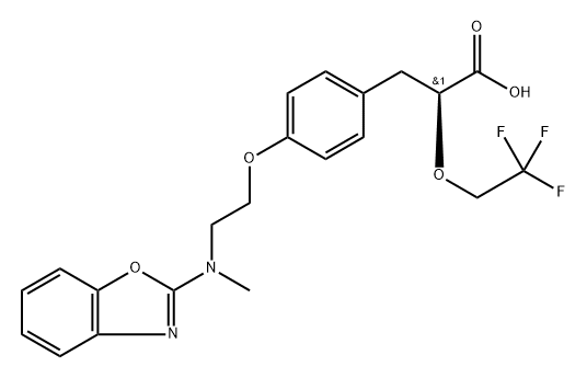 Benzenepropanoic acid, 4-[2-(2-benzoxazolylmethylamino)ethoxy]-α-(2,2,2-trifluoroethoxy)-, (αS)- Struktur