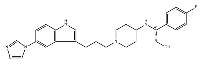 Benzeneethanol, 4-fluoro-β-[[1-[3-[5-(4H-1,2,4-triazol-4-yl)-1H-indol-3-yl]propyl]-4-piperidinyl]amino]-, (βR)- Struktur