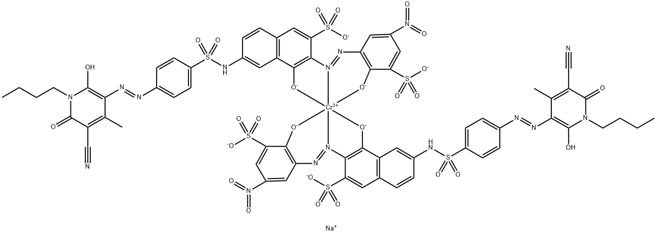 Chromate(5-), bis6-4-(1-butyl-5-cyano-1,6-dihydro-2-hydroxy-4-methyl-6-oxo-3-pyridinyl)azophenylsulfonylamino-4-hydroxy-3-(2-hydroxy-5-nitro-3-sulfophenyl)azo-2-naphthalenesulfonato(4-)-, pentasodium Struktur