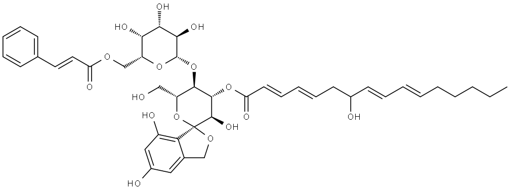 β-D-Galactopyranoside, (1S,3'R,4'R,5'R,6'R)-3',4',5',6'-tetrahydro-3',5,7-trihydroxy-6'-(hydroxymethyl)-4'-[[(2E,4E,8E,10E)-7-hydroxy-1-oxo-2,4,8,10-hexadecatetraenyl]oxy]spiro[isobenzofuran-1(3H),2'-[2H]pyran]-5'-yl, 6-[(2E)-3-phenyl-2-propenoate] (9CI) Struktur