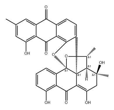 18a,9-(Epoxymethano)-18aH-dianthra[1,2-b:4'a,10'-d]furan-5,12,17(7H)-trione, 8,9-dihydro-4,6,8,16-tetrahydroxy-8,14,20-trimethyl-, (8S,9S,9aR,18aS,20R)- Struktur