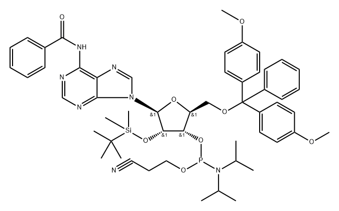 Benzamide, N-[9-[5-O-[bis(4-methoxyphenyl)phenylmethyl]-3-O-[[bis(1-methylethyl)amino](2-cyanoethoxy)phosphino]-2-O-[(1,1-dimethylethyl)dimethylsilyl]-β-L-ribofuranosyl]-9H-purin-6-yl]- Struktur