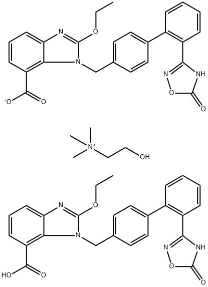 Ethanaminium, 2-hydroxy-N,N,N-trimethyl-, 1-[[2'-(2,5-dihydro-5-oxo-1,2,4-oxadiazol-3-yl)[1,1'-biphenyl]-4-yl]methyl]-2-ethoxy-1H-benzimidazole-7-carboxylate, compd. with 1-[[2'-(2,5-dihydro-5-oxo-1,2,4-oxadiazol-3-yl)[1,1'-biphenyl]-4-yl]methyl]-2-ethoxy-1H-benzimidazole-7-carboxylate (1:1:1) Struktur