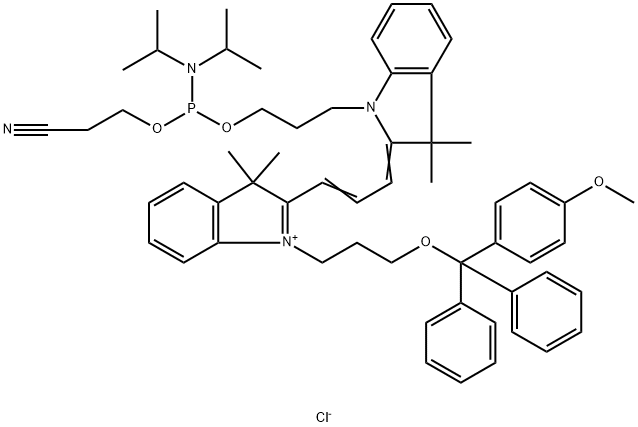 3H-Indolium, 2-[3-[1-[3-[[[bis(1-methylethyl)amino](2-cyanoethoxy)phosphino]oxy]propyl]-1,3-dihydro-3,3-dimethyl-2H-indol-2-ylidene]-1-propen-1-yl]-1-[3-[(4-methoxyphenyl)diphenylmethoxy]propyl]-3,3-dimethyl-, chloride (1:1) Struktur