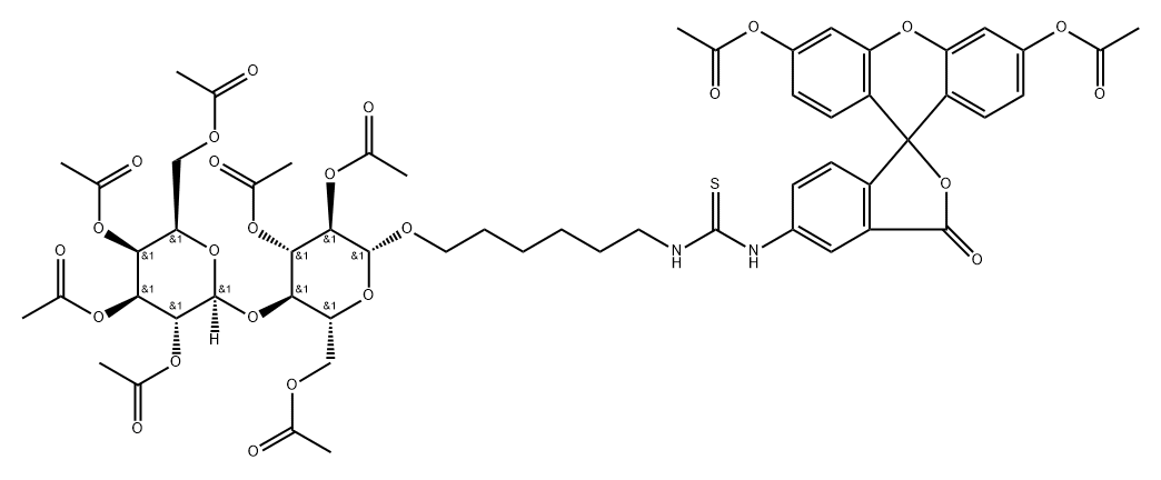 Thiourea, N-3,6-bis(acetyloxy)-3-oxospiroisobenzofuran-1(3H),9-9Hxanthen-5-yl-N-6-2,3,6-tri-O-acetyl-4-O-(2,3,4,6-tetra-O-acetyl-.beta.-D-galactopyranosyl)-.beta.-D-glucopyranosyloxyhexyl- Struktur