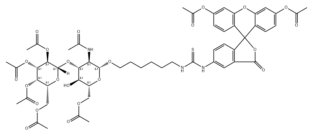 Thiourea, N-6-6-O-acetyl-2-(acetylamino)-2-deoxy-3-O-(2,3,4,6-tetra-O-acetyl-.beta.-D-galactopyranosyl)-.beta.-D-glucopyranosyloxyhexyl-N-3,6-bis(acetyloxy)-3-oxospiroisobenzofuran-1(3H),9-9Hxanthen-5-yl- Struktur