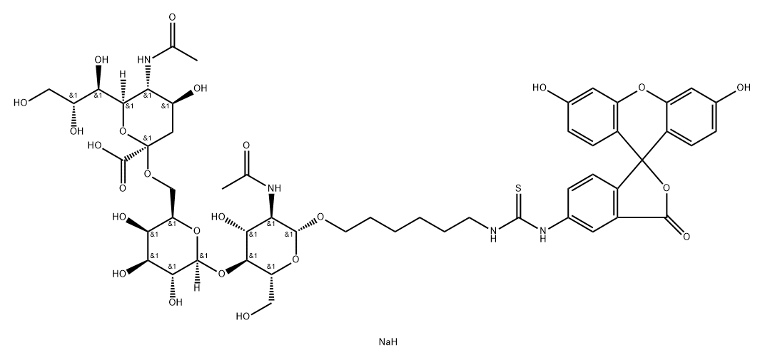 Thiourea, N-6-O-(N-acetyl-.alpha.-neuraminosyl)-(26)-O-.beta.-D-galactopyranosyl-(14)-2-(acetylamino)-2-deoxy-.beta.-D-glucopyranosyloxyhexyl-N-(3,6-dihydroxy-3-oxospiroisobenzofuran-1(3H),9-9Hxanthen-5-yl)-, disodium salt Struktur