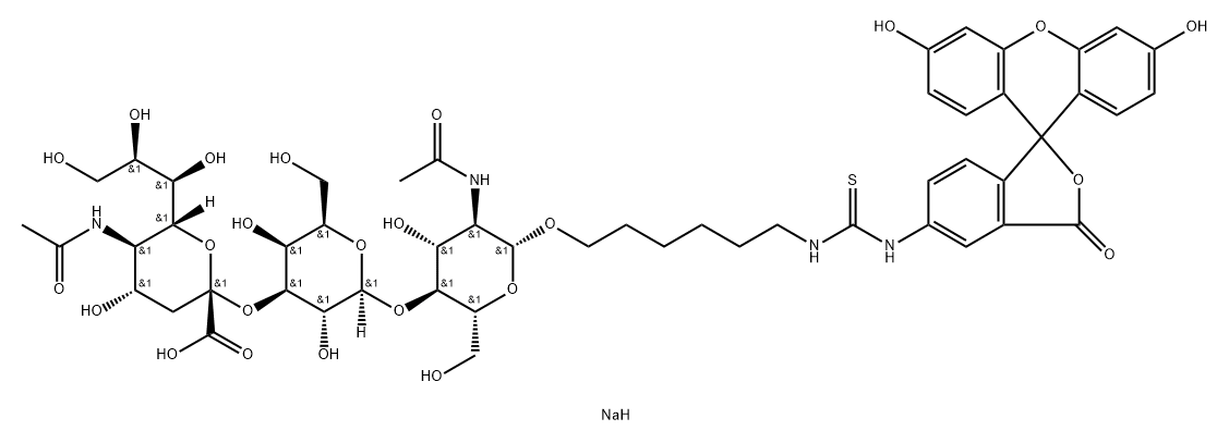 Thiourea, N-6-O-(N-acetyl-.alpha.-neuraminosyl)-(23)-O-.beta.-D-galactopyranosyl-(14)-2-(acetylamino)-2-deoxy-.beta.-D-glucopyranosyloxyhexyl-N-(3,6-dihydroxy-3-oxospiroisobenzofuran-1(3H),9-9Hxanthen-5-yl)-, disodium salt Struktur