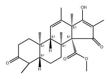 Androsta-11,16-diene-14-carboxylic acid, 4,4,8,12,16-pentamethyl-17-hydroxy-3,15-dioxo-, methyl ester, (5β,8α,9β,10α,13α)- Struktur