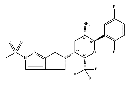 D-arabino-Hexitol, 5-amino-2,6-anhydro-1,3,4,5-tetradeoxy-6-C-(2,5-difluorophenyl)-3-[2,6-dihydro-2-(methylsulfonyl)pyrrolo[3,4-c]pyrazol-5(4H)-yl]-1,1,1-trifluoro-, (6R)- Struktur