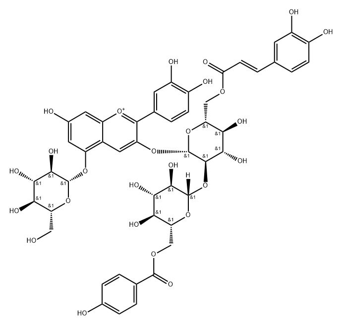 Cyanidin-3-O-[6-O-trans-caffeyl-(6-O-p-hydroxybenzoyl-2-O-β-glucopyranosyl)]-β-glucopyranoside)-5-O-β-glucopyranoside Struktur