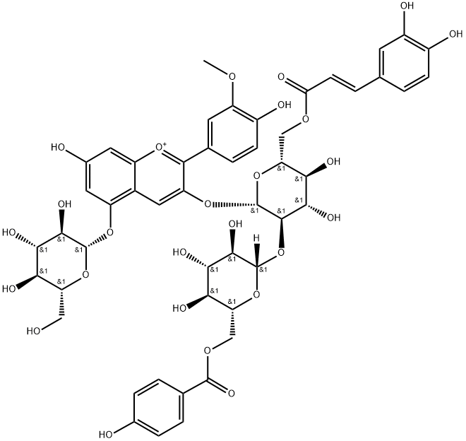 Peonidin-3-O-[6-O-(E)-Caffeoyl-2-O-{6-O-P-Hydroxybenzoyl-β-D-glucoside}-β-D-glucoside]-5-O-β-D-glucoside Struktur