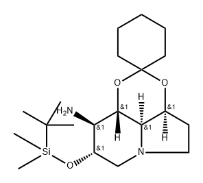 Spirocyclohexane-1,2-1,3dioxino4,5,6-hiindolizin-9-amine, 8-(1,1-dimethylethyl)dimethylsilyloxyoctahydro-, 3aS-(3a.alpha.,8.alpha.,9.beta.,9a.beta.,9b.alpha.)- Struktur