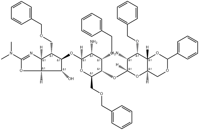 .beta.-D-Allopyranoside, (3aS,4R,5R,6S,6aS)-2-(dimethylamino)-3a,5,6,6a-tetrahydro-6-hydroxy-4-(phenylmethoxy)methyl-4H-cyclopentoxazol-5-yl 2-amino-4-O-2-amino-2-deoxy-3-O-(phenylmethyl)-4,6-O-(phenylmethylene)-.beta.-D-allopyranosyl-2-deoxy-3,6-bis-O-(p Struktur