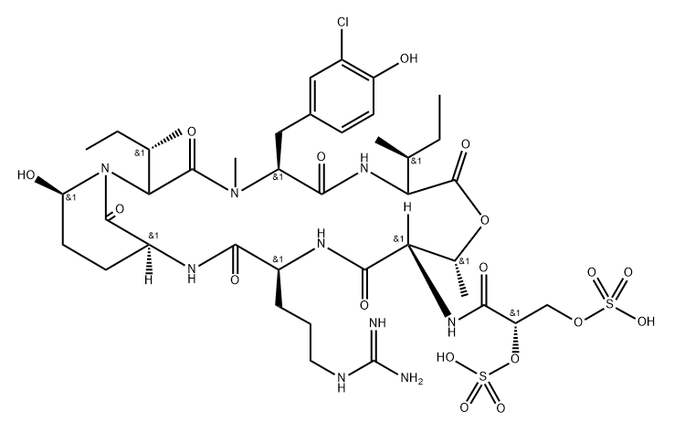 L-Isoleucine, N-[(2S)-1-oxo-2,3-bis(sulfooxy)propyl]-L-threonyl-L-arginyl-(αS,3S,6R)-3-amino-6-hydroxy-α-[(1S)-1-methylpropyl]-2-oxo-1-piperidineacetyl-3-chloro-N-methyl-L-tyrosyl-, (6→2)-lactone Struktur