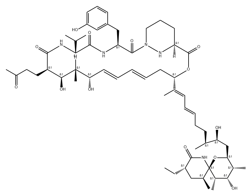 19-Oxa-1,4,7,25-tetraazabicyclo[19.3.1]pentacosa-13,15-diene-2,5,8,20-tetrone, 18-[(1E,3E,7S,8S)-9-[(2S,3R,4S,5S,6R,9S,11S)-9-ethyl-4-hydroxy-3,5,11-trimethyl-8-oxo-1-oxa-7-azaspiro[5.5]undec-2-yl]-8-hydroxy-1,7-dimethyl-1,3-nonadien-1-yl]-10,12-dihydroxy-3-[(3-hydroxyphenyl)methyl]-11-methyl-6-(1-methylethyl)-9-(3-oxobutyl)-, (3S,6S,9R,10R,11S,12S,13E,15E,18S,21S)- Struktur