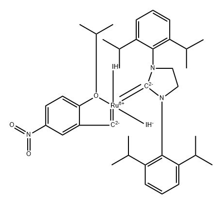 [1,3-Bis(2,6-di-i-propylphenyl)imidazolidin-2-ylidene)(2-i-propoxy-5-nitrobenzylidene) ruthenium(II) diiodide nitro-Grela I2 SIPr Struktur