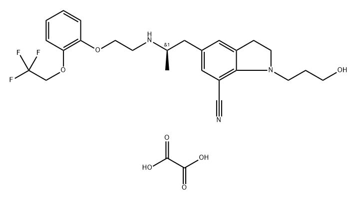 1H-Indole-7-carbonitrile, 2,3-dihydro-1-(3-hydroxypropyl)-5-[(2R)-2-[[2-[2-(2,2,2-trifluoroethoxy)phenoxy]ethyl]amino]propyl]-, ethanedioate (1:1) Struktur