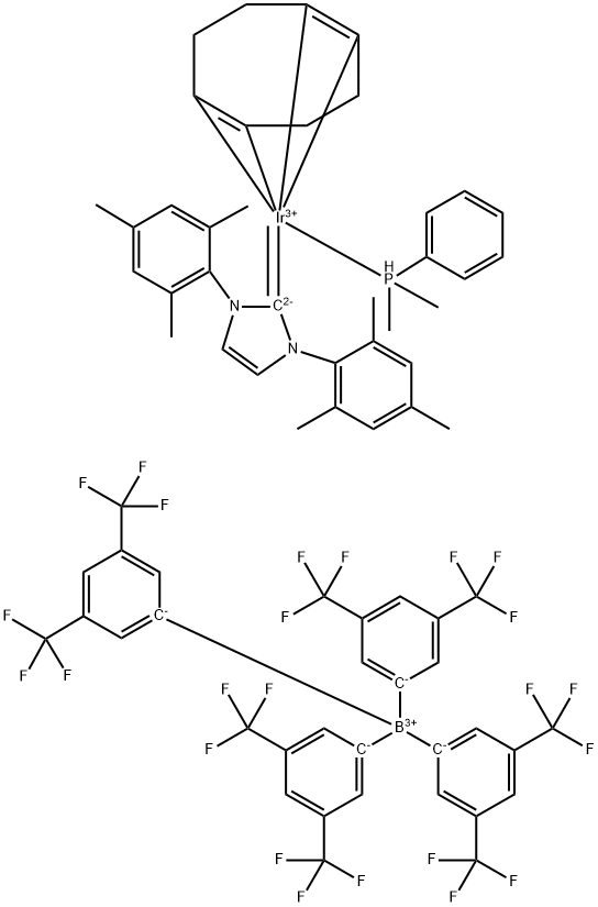 Dimethylphenylphosphine(1,5-cyclooctadiene)[1,3-bis(2,4,6-trimethylphenyl)imidazol-2-ylidene] iridium(I) tetrakis(3,5-bis(trifluoromethyl)phenylborate, min. 98% Struktur