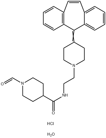 4-Piperidinecarboxamide, N-[2-[4-(5H-dibenzo[a,d]cyclohepten-5-ylidene)-1-piperidinyl]ethyl]-1-formyl-, hydrochloride, hydrate (1:1:1) Struktur