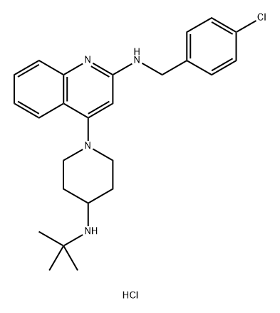 2-Quinolinamine, N-[(4-chlorophenyl)methyl]-4-[4-[(1,1-dimethylethyl)amino]-1-piperidinyl]-, hydrochloride (1:1) Struktur