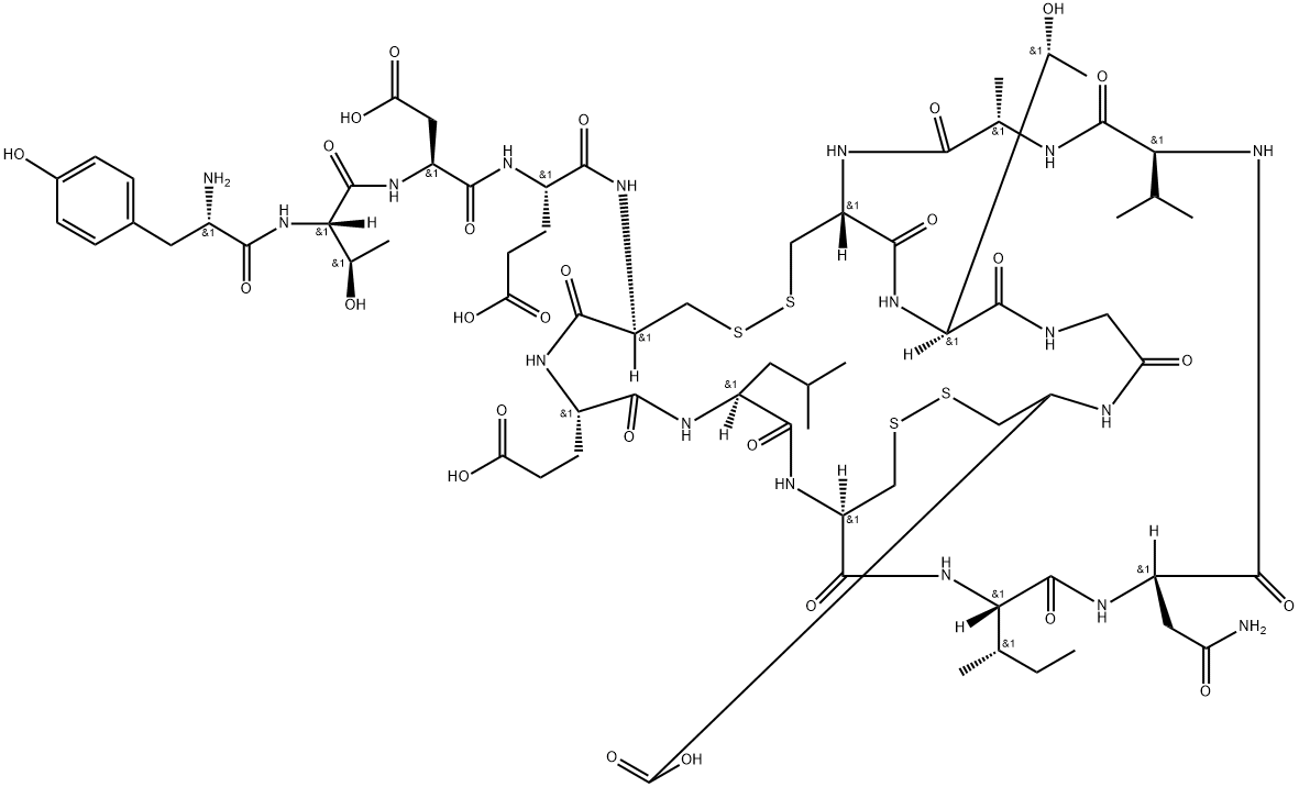 L-Cysteine, L-tyrosyl-L-threonyl-L-α-aspartyl-L-α-glutamyl-L-cysteinyl-L-α-glutamyl-L-leucyl-L-cysteinyl-L-isoleucyl-L-asparaginyl-L-valyl-L-alanyl-L-cysteinyl-L-threonylglycyl-, cyclic (5→13),(8→16)-bis(disulfide) Struktur