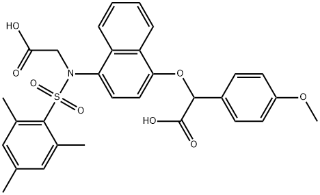 Benzeneacetic acid, α-[[4-[(carboxymethyl)[(2,4,6-trimethylphenyl)sulfonyl]amino]-1-naphthalenyl]oxy]-4-methoxy- Struktur