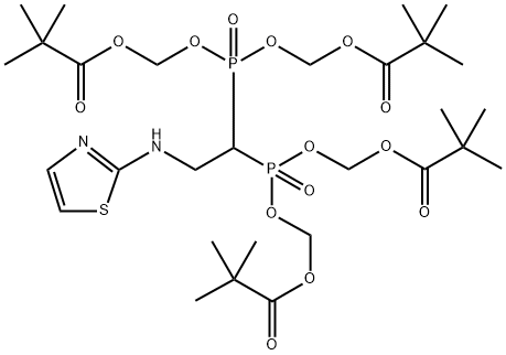 Propanoic acid, 2,2-dimethyl-, 1,1′,1′′,1′′′-[[2-(2-thiazolylamino)ethylidene]bis[phosphinylidynebis(oxymethylene)]] ester Struktur