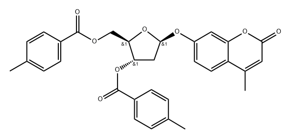 2H-1-Benzopyran-2-one, 7-2-deoxy-3,5-bis-O-(4-methylbenzoyl)-.beta.-D-erythro-pentofuranosyloxy-4-methyl- Struktur