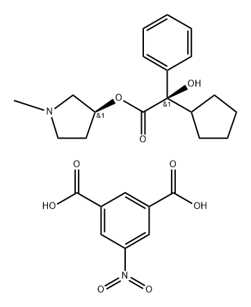 rel-(3R)-3-{[(2S)-2-cyclopentyl-2-hydroxy-2-phenylacetyl]oxy}-1-methylpyrrolidinium 3-carboxy-5-nitrobenzoate Struktur