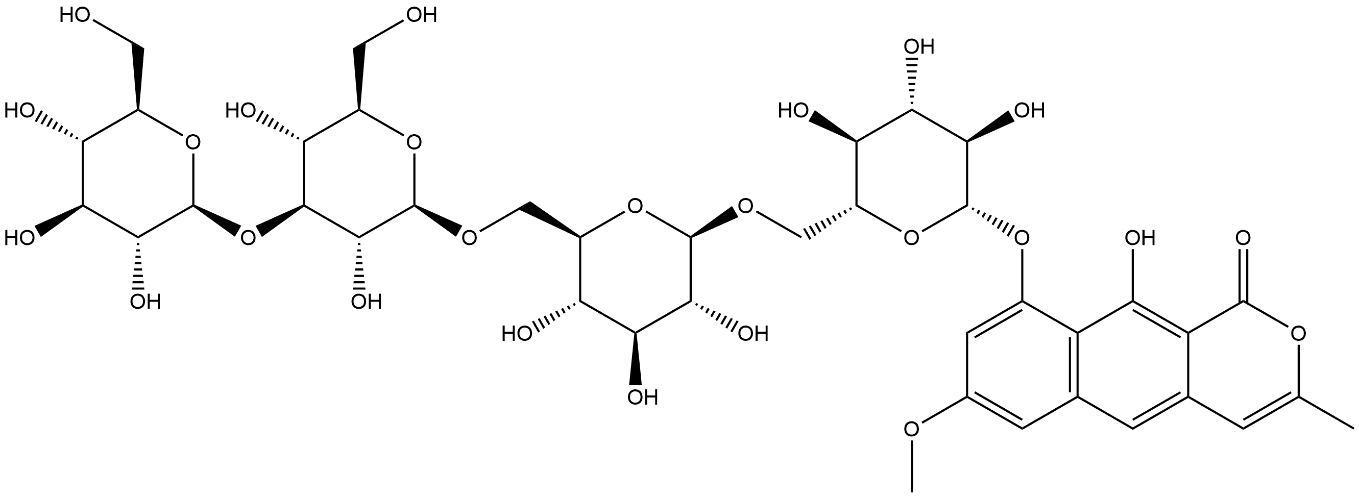 1H-Naphtho[2,3-c]pyran-1-one, 9-[(O-β-D-glucopyranosyl-(1→3)-O-β-D-glucopyranosyl-(1→6)-O-β-D-glucopyranosyl-(1→6)-β-D-glucopyranosyl)oxy]-10-hydroxy-7-methoxy-3-methyl- Struktur