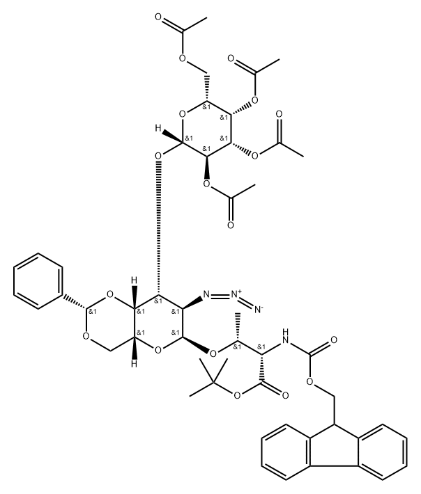 O-[2-Azido-2-deoxy-4,6-O-[(S)-phenylmethylene]-3-O-(2,3,4,6-tetra-O-acetyl-beta-D-galactopyranosyl)-alpha-D-galactopyranosyl]-N-[(9H-fluoren-9-ylmethoxy)carbonyl]-L-threonine 1,1-dimethylethyl ester Struktur