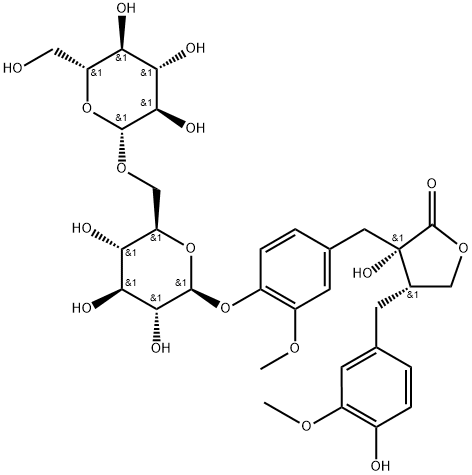 2(3H)-Furanone, 3-[[4-[(6-O-β-D-glucopyranosyl-β-D-glucopyranosyl)oxy]-3-methoxyphenyl]methyl]dihydro-3-hydroxy-4-[(4-hydroxy-3-methoxyphenyl)methyl]-, (3S,4S)- Struktur