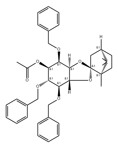 D-myo-Inositol, 2,4,5-tris-O-(phenylmethyl)-1,6-O-(1R,2R,4R)-1,7,7-trimethylbicyclo2.2.1hept-2-ylidene-, acetate Struktur