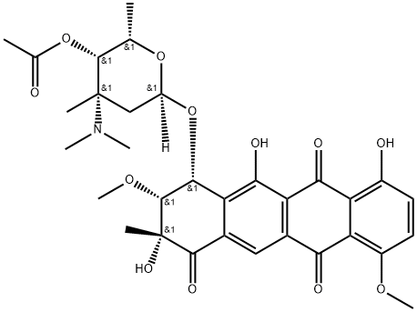 1,6,11(2H)-Naphthacenetrione, 4-[[4-O-acetyl-2,3,6-trideoxy-3-(dimethylamino)-3-C-methyl-α-lyxo-hexopyranosyl]oxy]-3,4-dihydro-2,5,7-trihydroxy-3,10-dimethoxy-2-methyl-, (2R,3R,4R)-rel- (9CI) Struktur