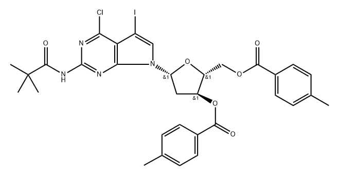 2-Amino-4-chloro-5-iodo-N2-pivaloyl-7-[2-deoxy-3,5-di-O- (4-methylbenzoyl)--D-ribofuanosyl]-7H-pyrrolo[2,3-d]pyrimidine Struktur