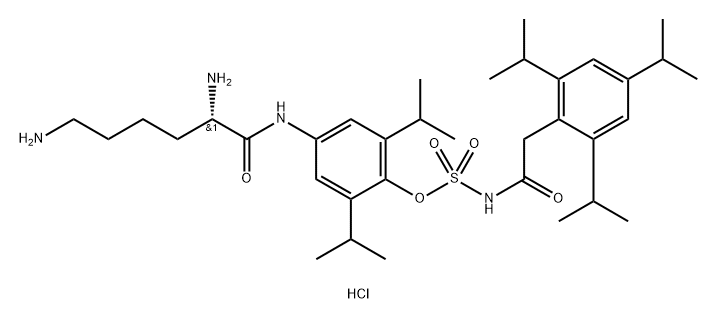 Sulfamic acid, N-[2-[2,4,6-tris(1-methylethyl)phenyl]acetyl]-, 4-[[(2S)-2,6-diamino-1-oxohexyl]amino]-2,6-bis(1-methylethyl)phenyl ester, hydrochloride (1:2) Struktur