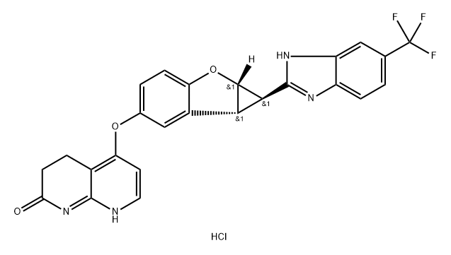 1,8-Naphthyridin-2(1H)-one, 5-[[(1R,1aS,6bR)-1a,6b-dihydro-1-[6-(trifluoromethyl)-1H-benzimidazol-2-yl]-1H-benzo[b]cyclopropa[d]furan-5-yl]oxy]-3,4-dihydro-, hydrochloride (1:1) Struktur