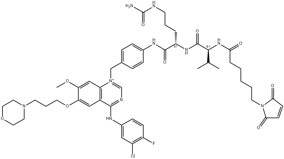 L-Ornithinamide, N-[6-(2,5-dihydro-2,5-dioxo-1H-pyrrol-1-yl)-1-oxohexyl]-L-valyl-N5-(aminocarbonyl)-N-[4-[[4-[(3-chloro-4-fluorophenyl)amino]-7-methoxy-6-[3-(4-morpholinyl)propoxy]quinazolinium-1-yl]methyl]phenyl]- Struktur